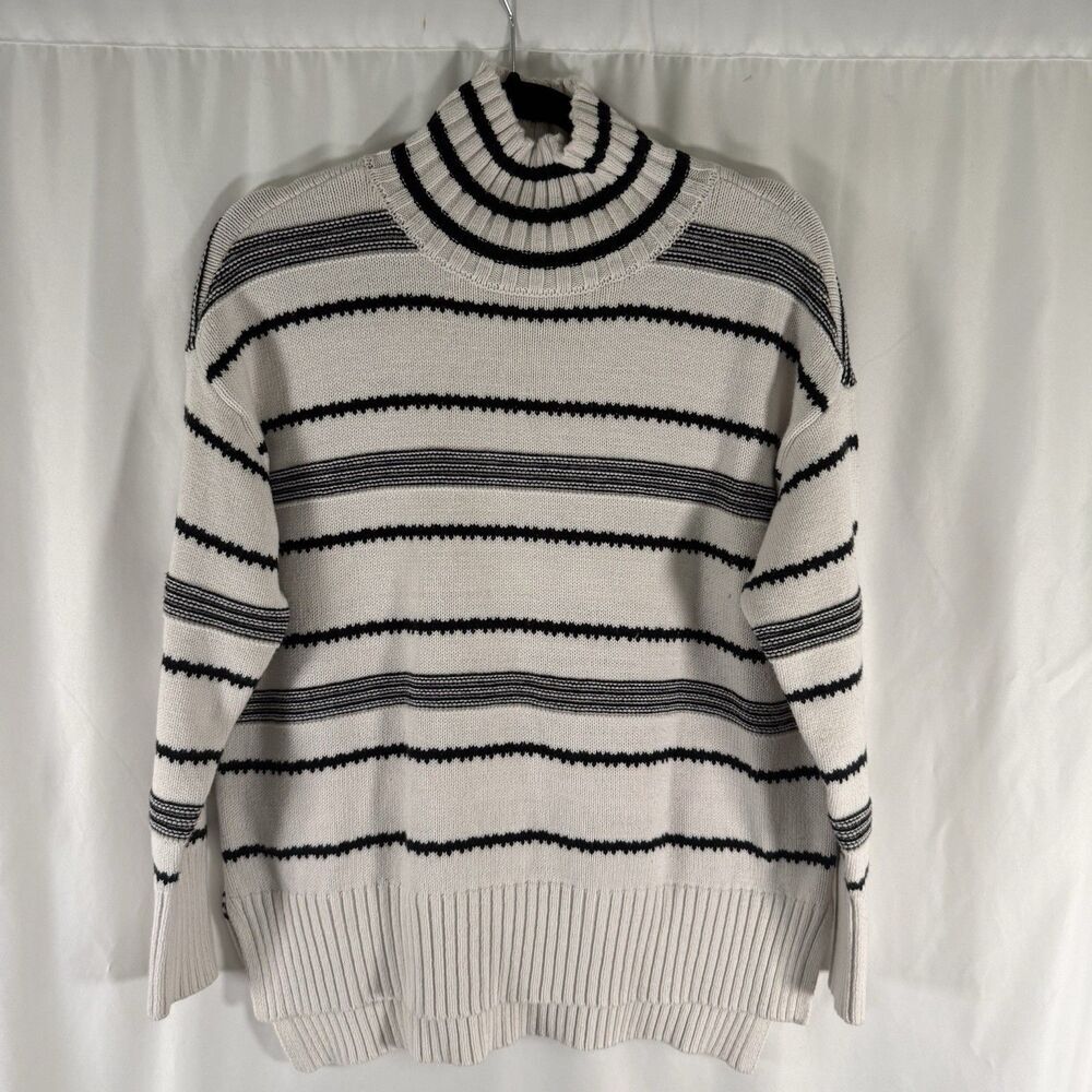LOFT Sweater Women's Medium White Black Striped Knit Turtleneck Pullover
